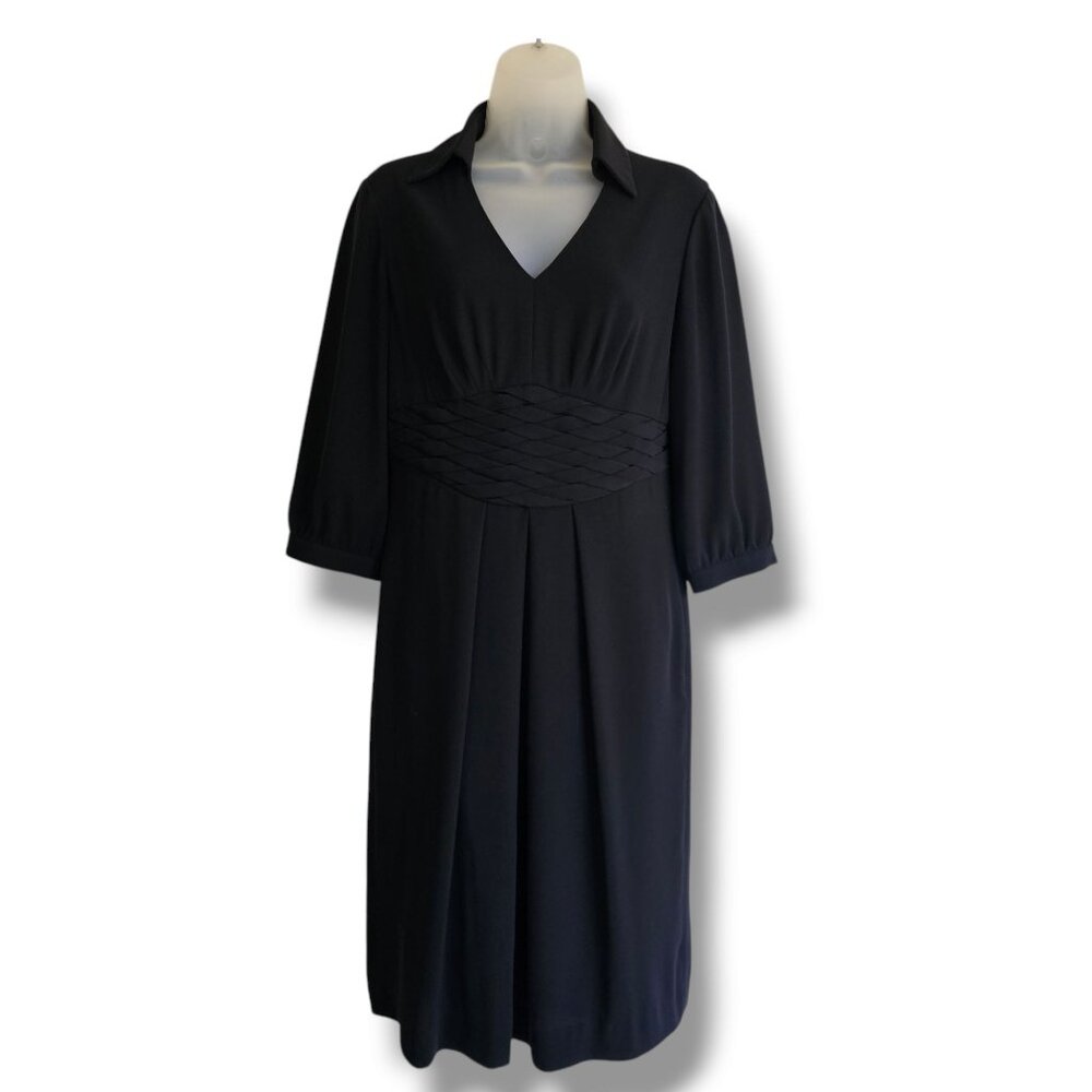 Tahari Black Dress Size 6 V-Neck Collared 3/4 Sleeve Classic Office Party LBD‎